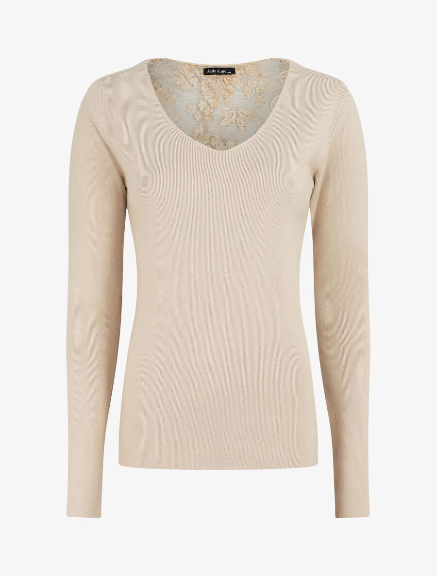 Pull fin à dos en dentelle - Beige - 6