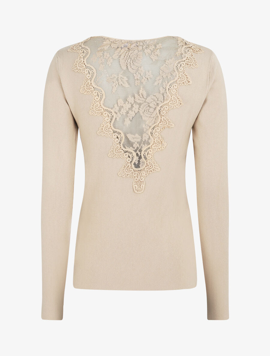 Pull fin à dos en dentelle - Beige - 3