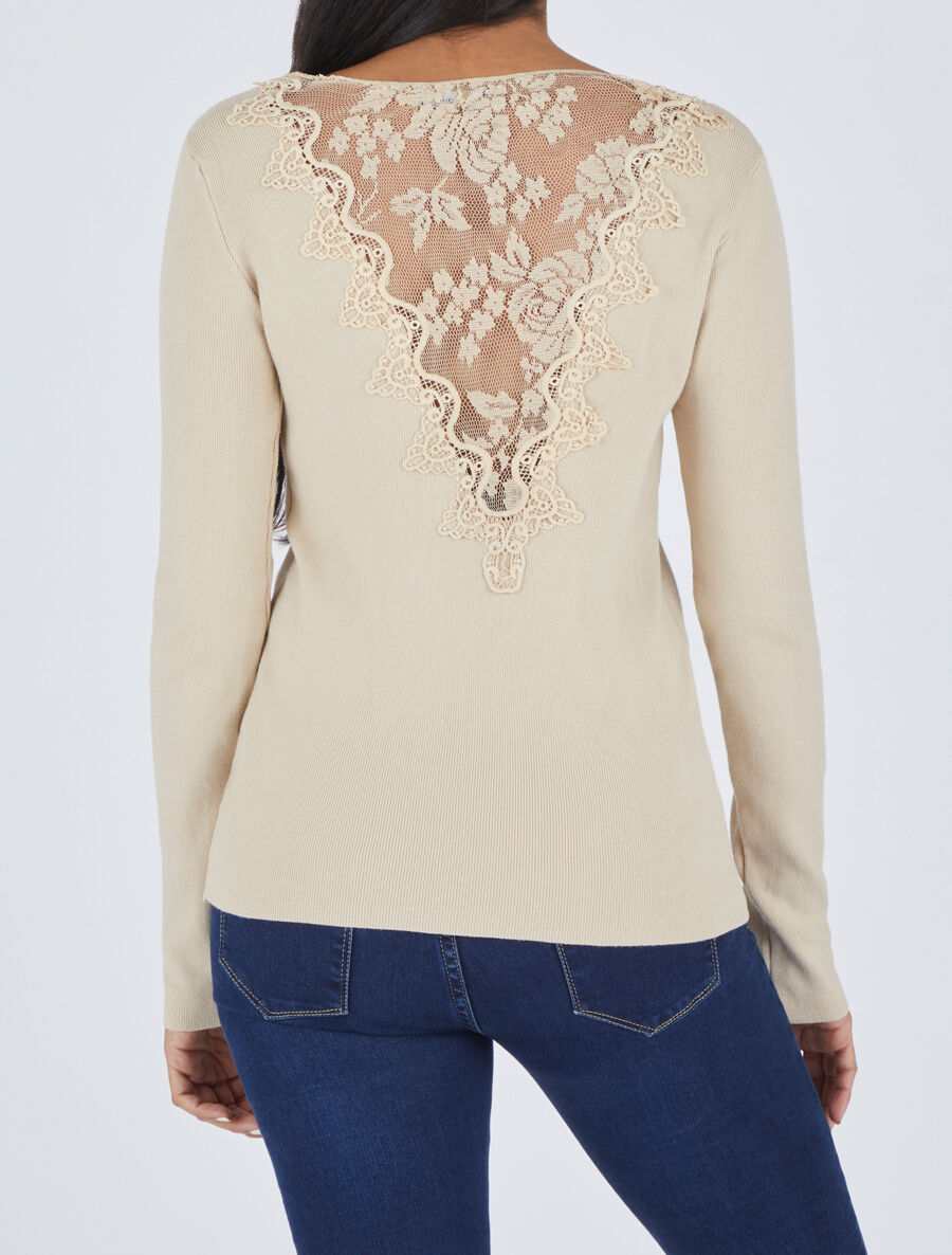 Pull fin à dos en dentelle - Beige - 1