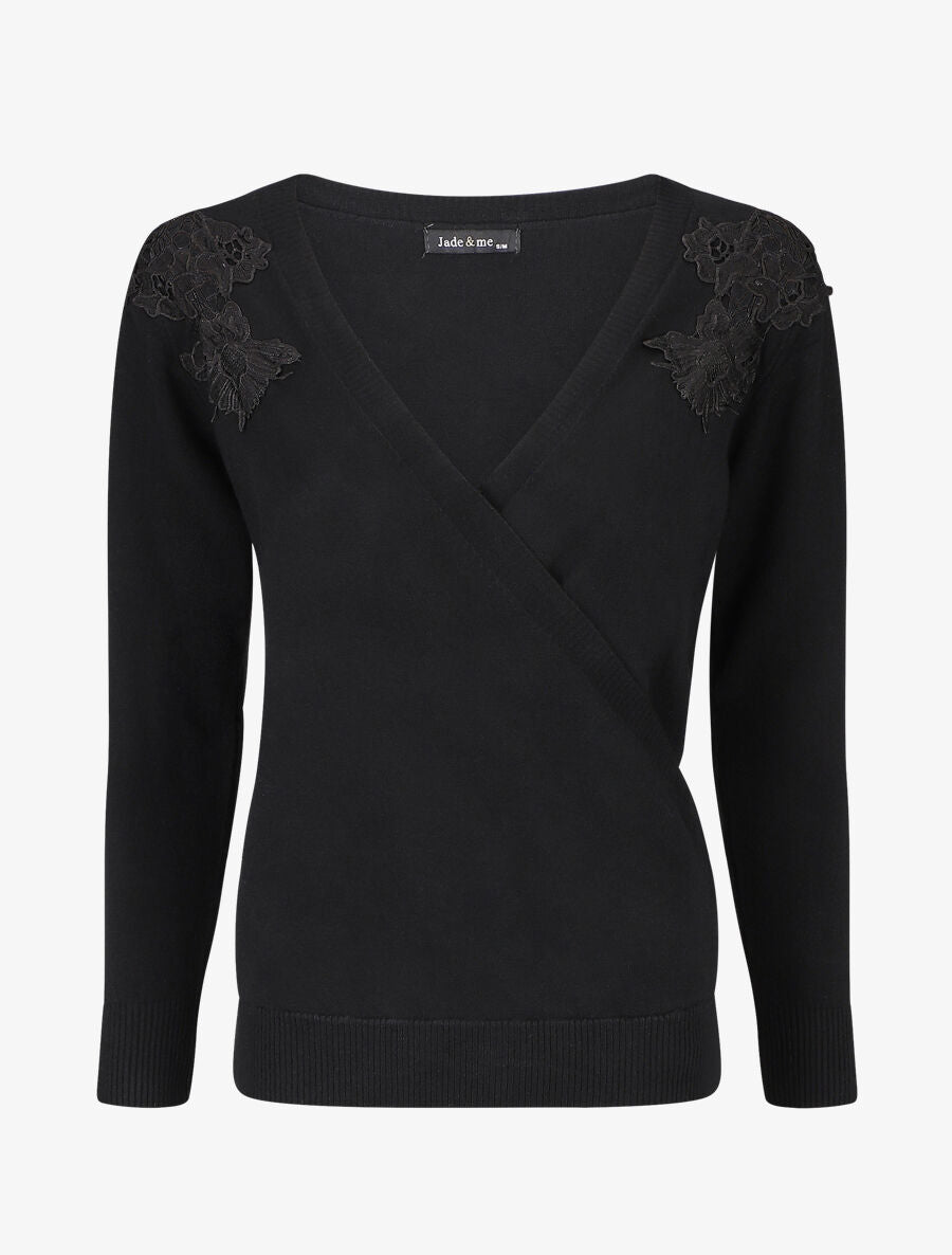 Pull cache-coeur à détail dentelle - Noir - 3