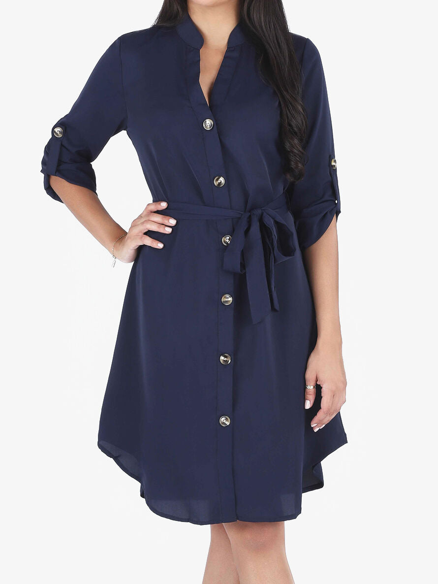 Robe chemise à manches longues et boutons - Marine - 4