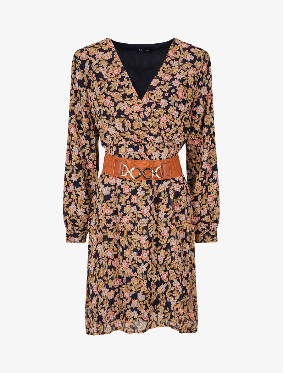 Robe mi-longue à imprimé fleuri et détail irisée - Marine - 1