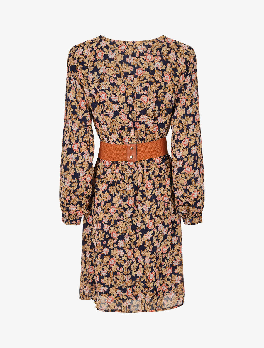 Robe mi-longue à imprimé fleuri et détail irisée - Marine - 2