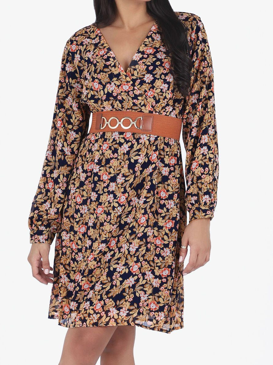 Robe mi-longue à imprimé fleuri et détail irisée - Marine - 4