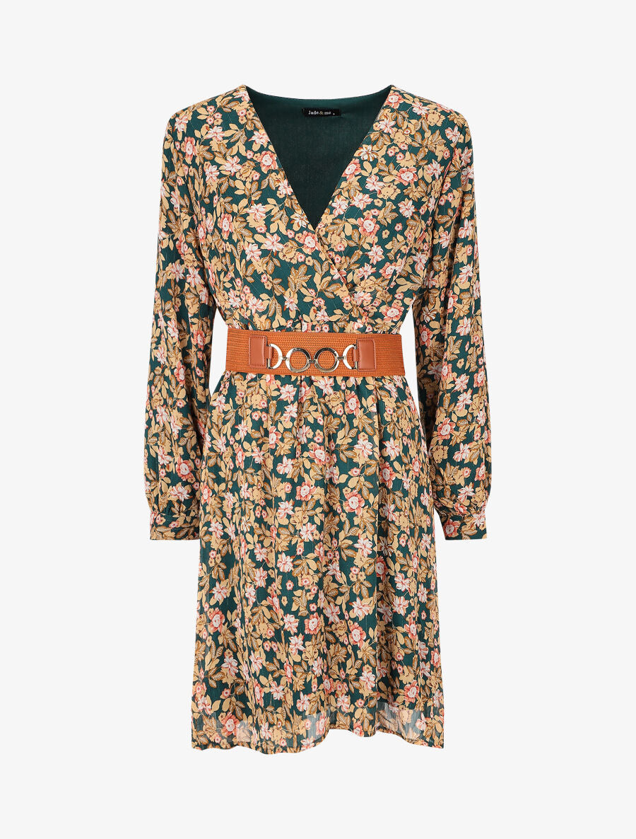 Robe mi-longue à imprimé fleuri et détail irisée - Vert - 1