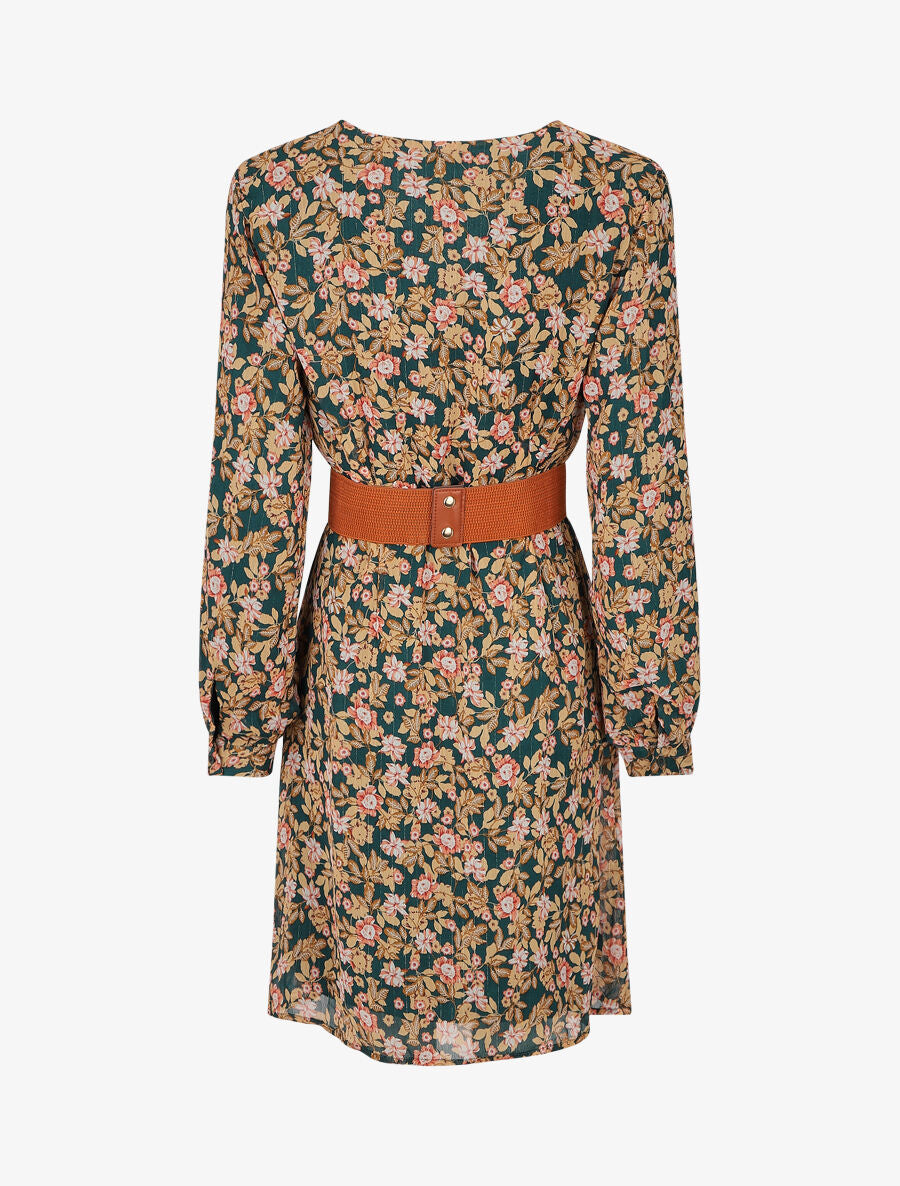 Robe mi-longue à imprimé fleuri et détail irisée - Vert - 2