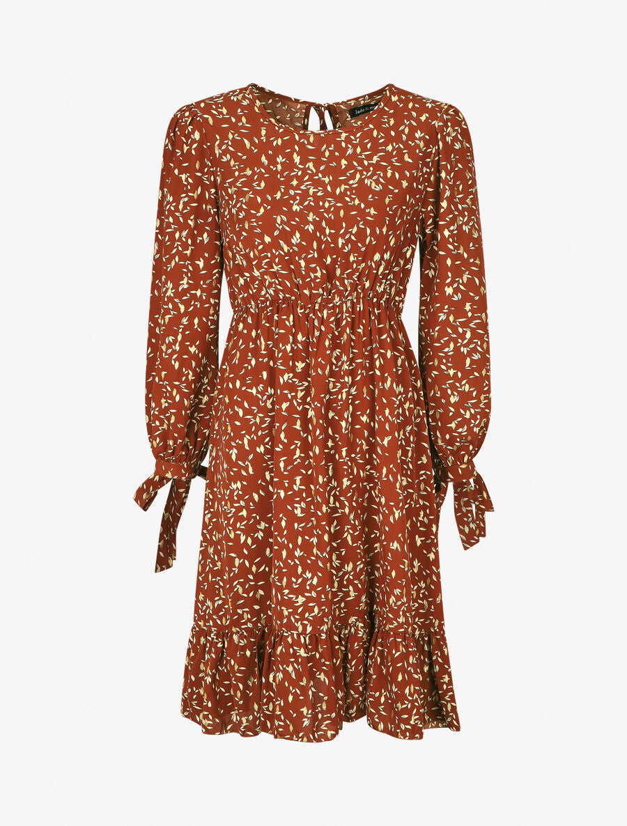 Robe évasée imprimé feuilles irisées - Marron - 1