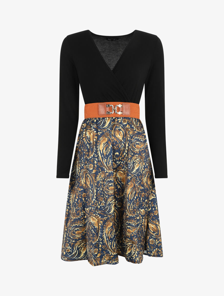 Robe évasée bi-matière imprimé cachemire - Marine - 4