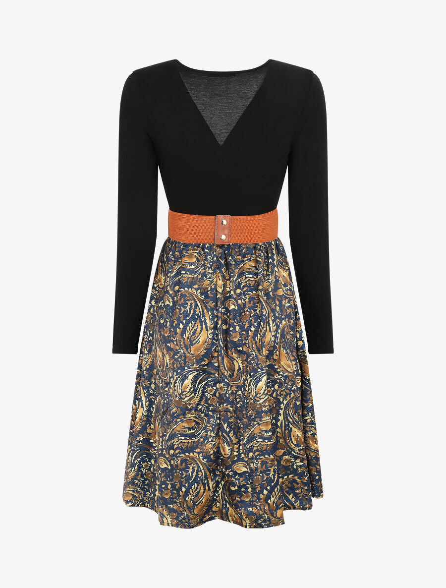 Robe évasée bi-matière imprimé cachemire - Marine - 2