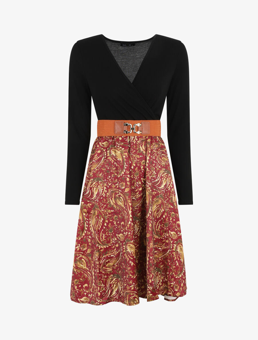 Robe évasée bi-matière imprimé cachemire - Bordeaux - 4