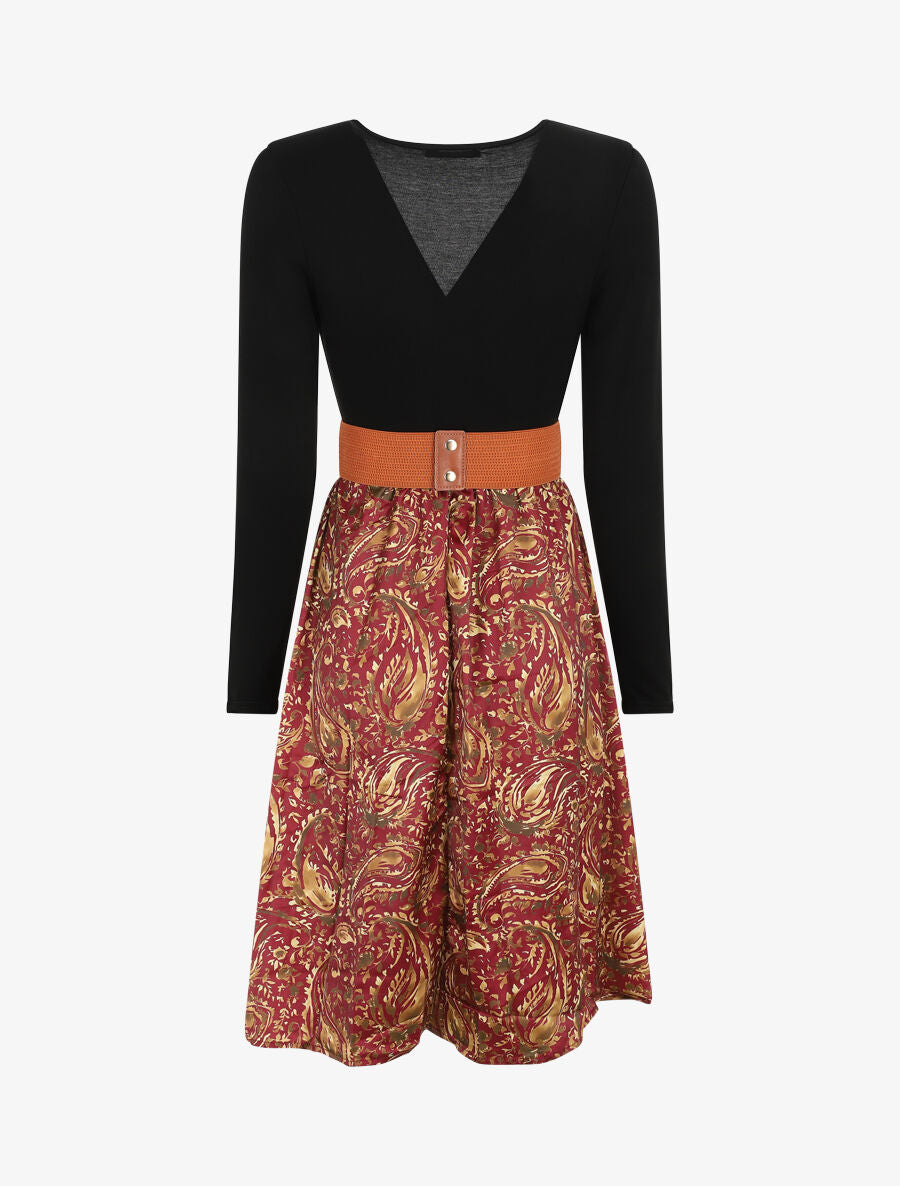Robe évasée bi-matière imprimé cachemire - Bordeaux - 2