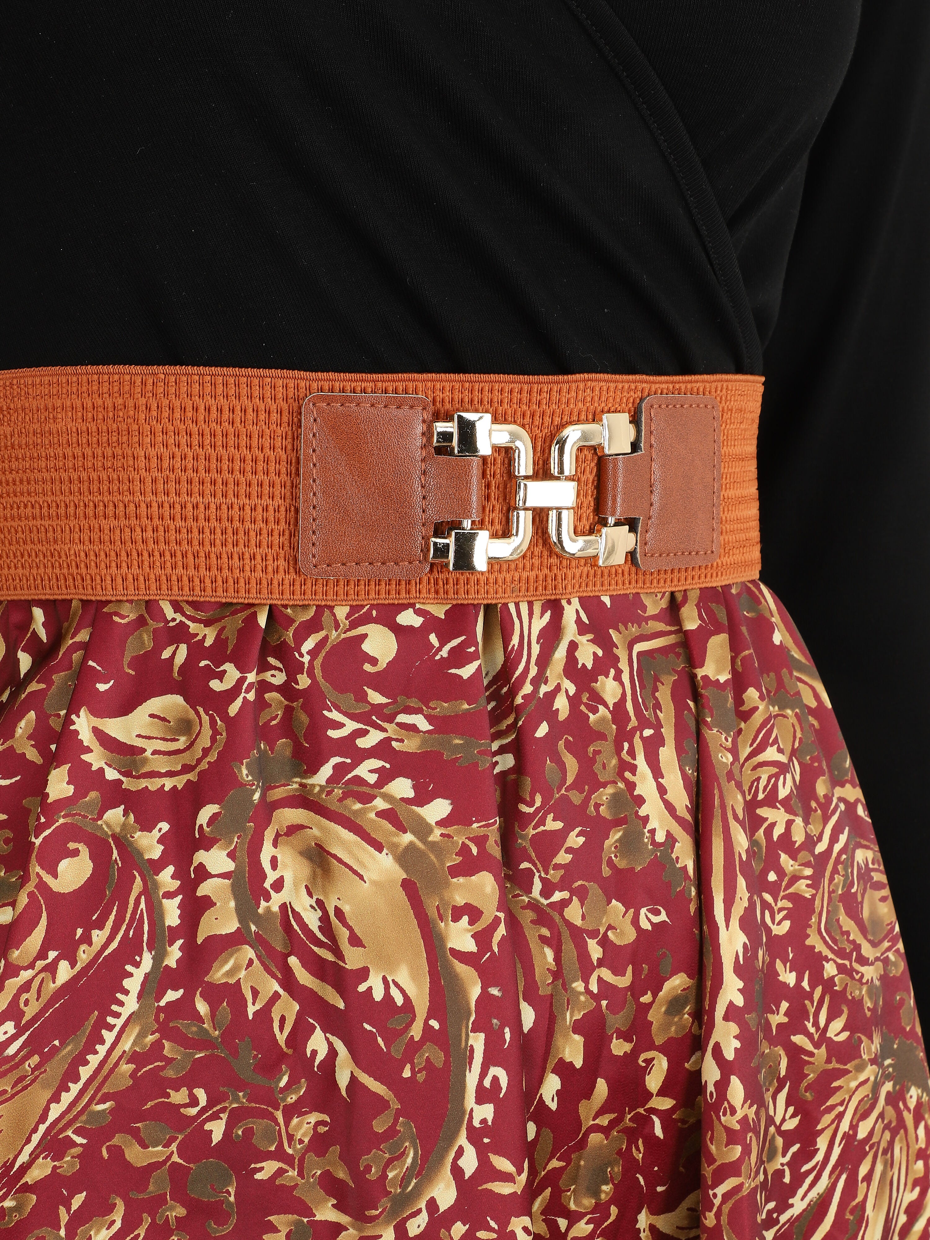 Robe évasée bi-matière imprimé cachemire - Bordeaux - 3