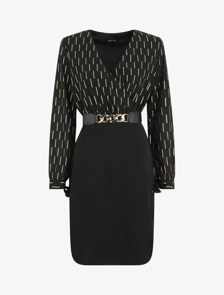 Robe mi-longue à imprimé dorés - Noir - 1