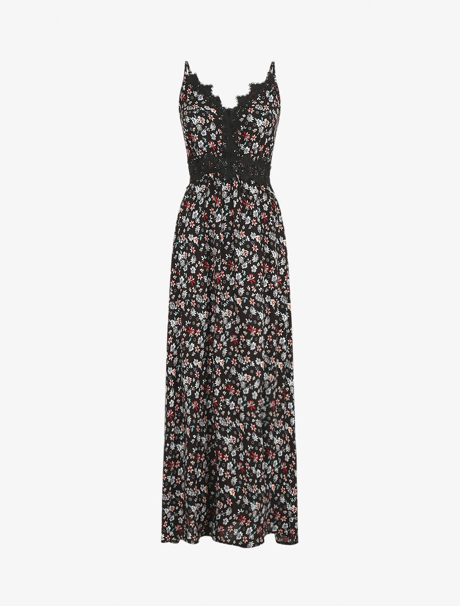 Robe longue à col dentelle et imprimé fleuri - Noir - 5