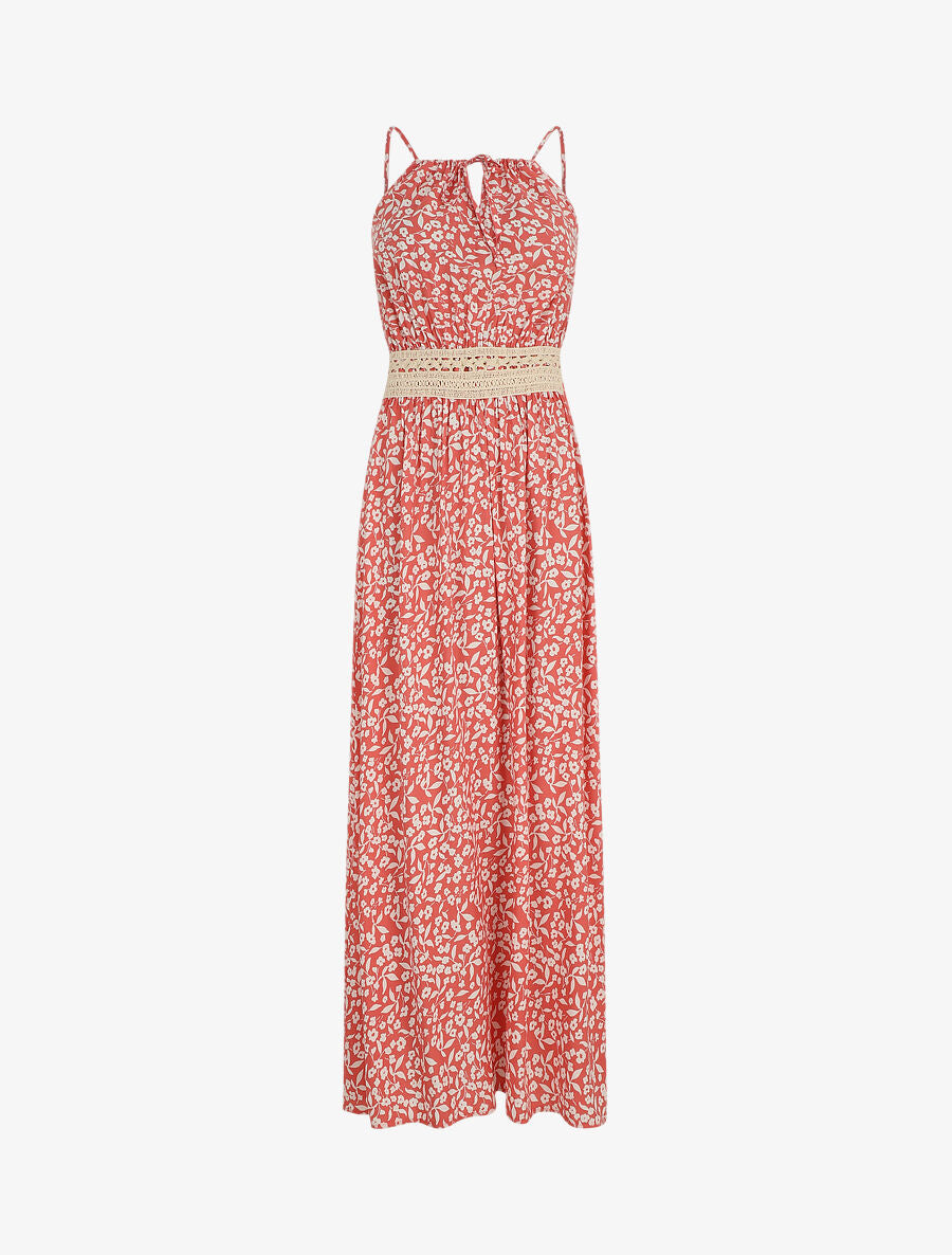 Robe longue à col américain et dentelle - Rose saumon - 1