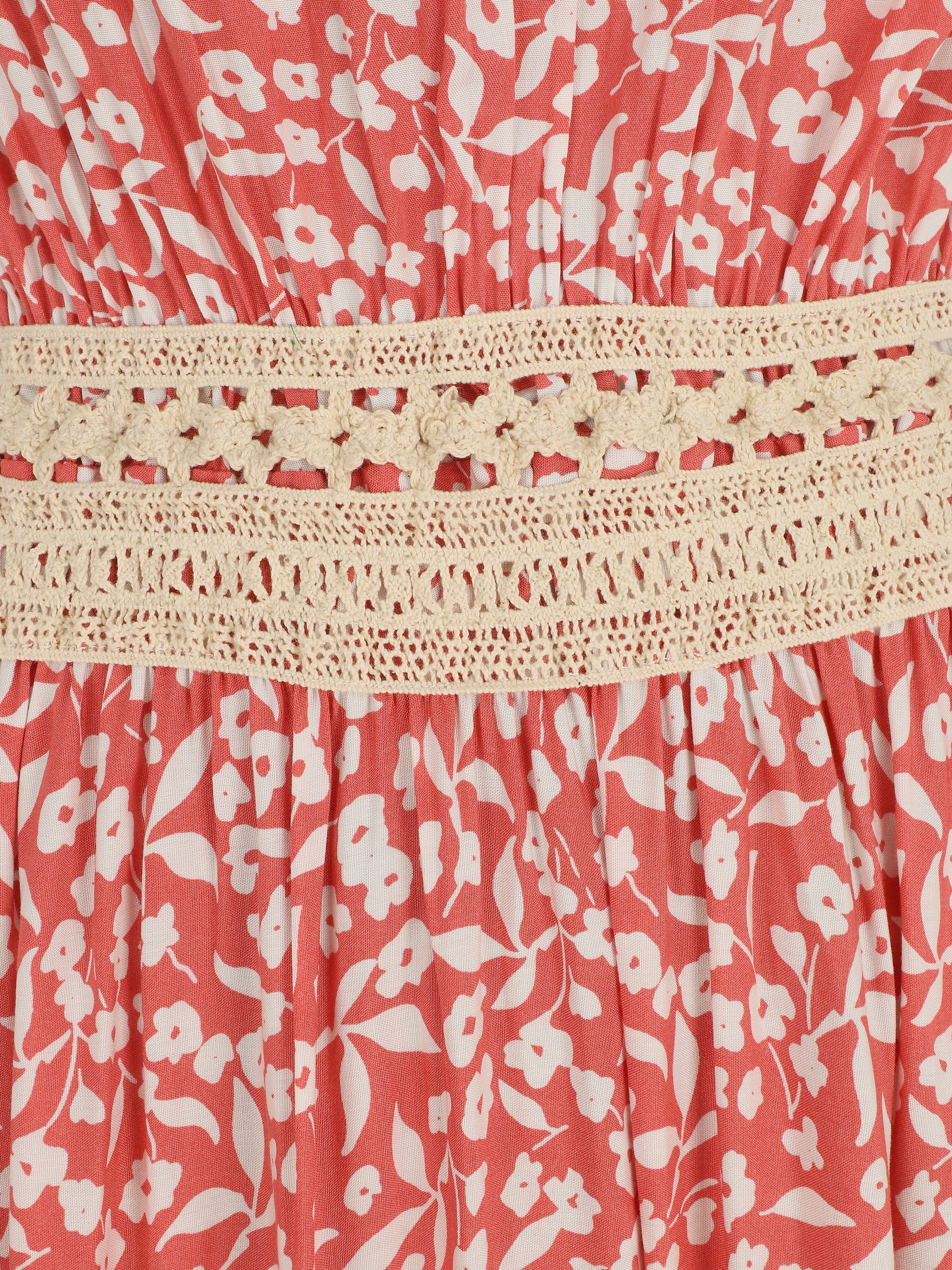 Robe longue à col américain et dentelle - Rose saumon - 3