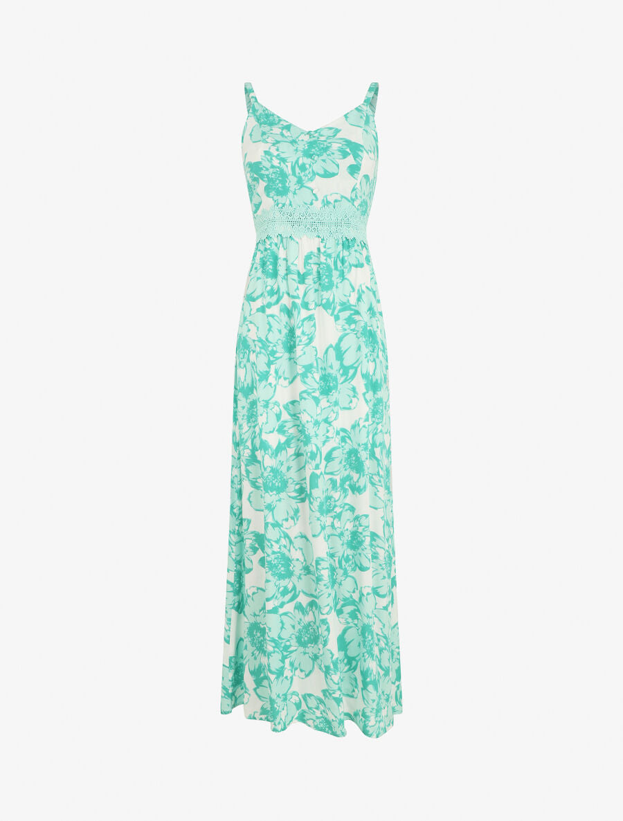 Robe longue imprimé fleurs et dentelle - Vert - 5