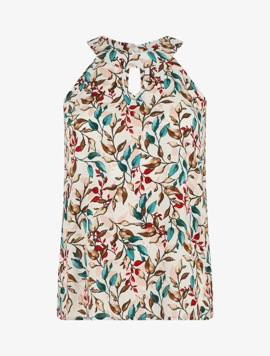 Top imprimé feuilles à col américain - Blanc - 1