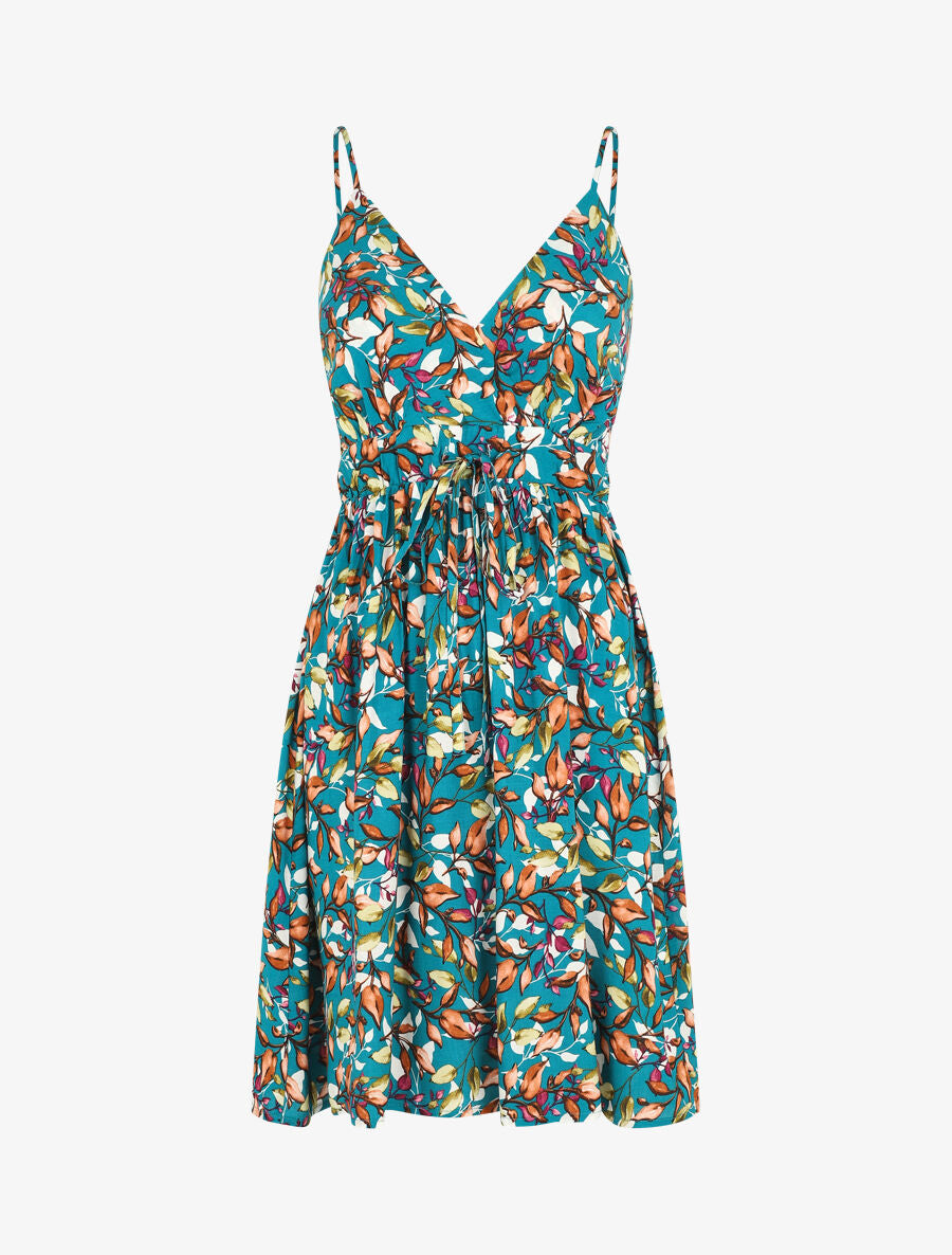 Robe mi-longue à imprimé feuilles - Bleu canard - 1