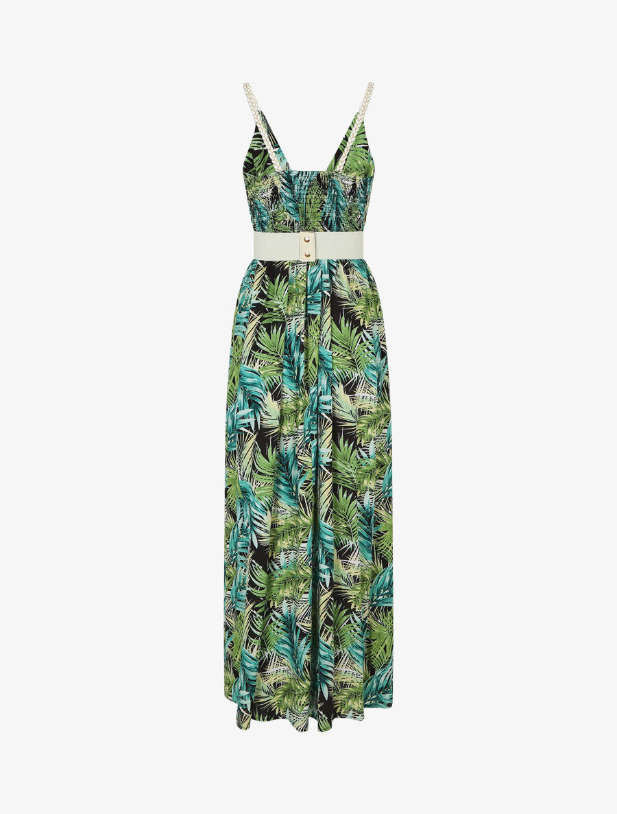 Robe longue élastiquée imprimé feuilles - Noir - 2