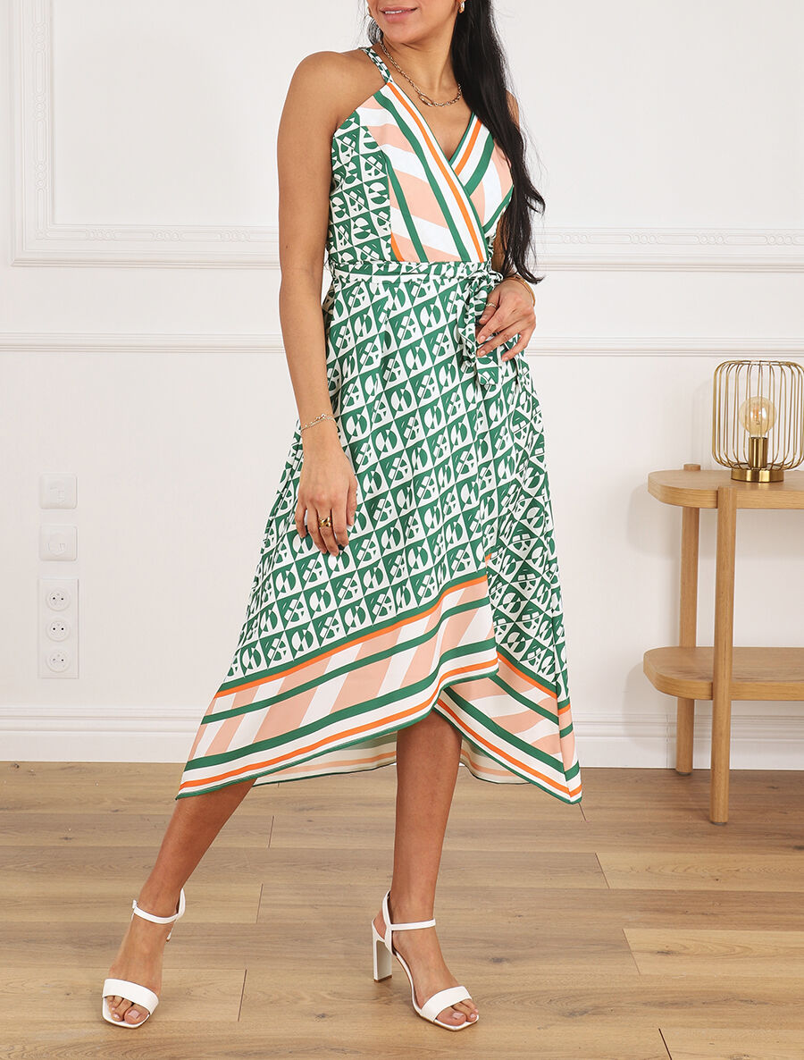Robe foulard style portefeuille imprimé graphique - Vert - 4