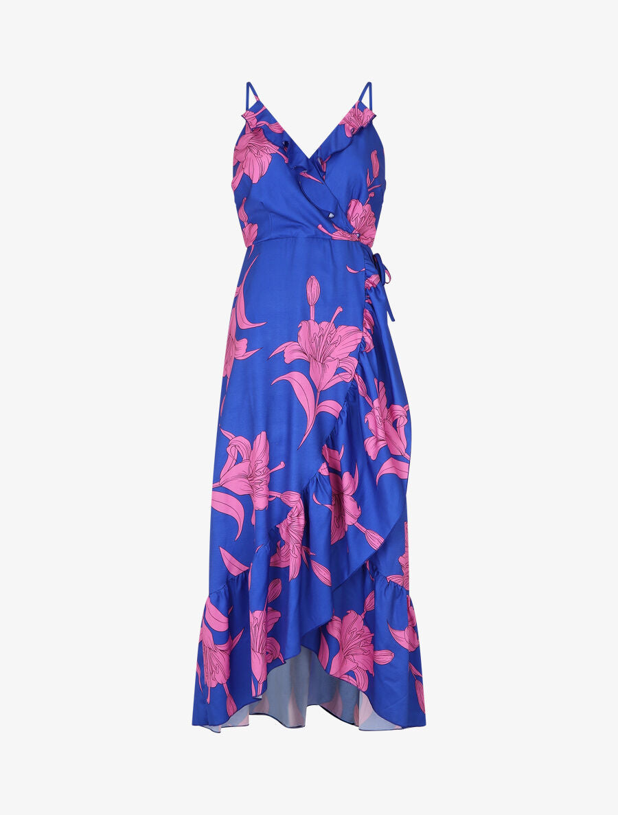 Robe longue asymétrique à imprimé grandes fleurs - Bleu roi - 1