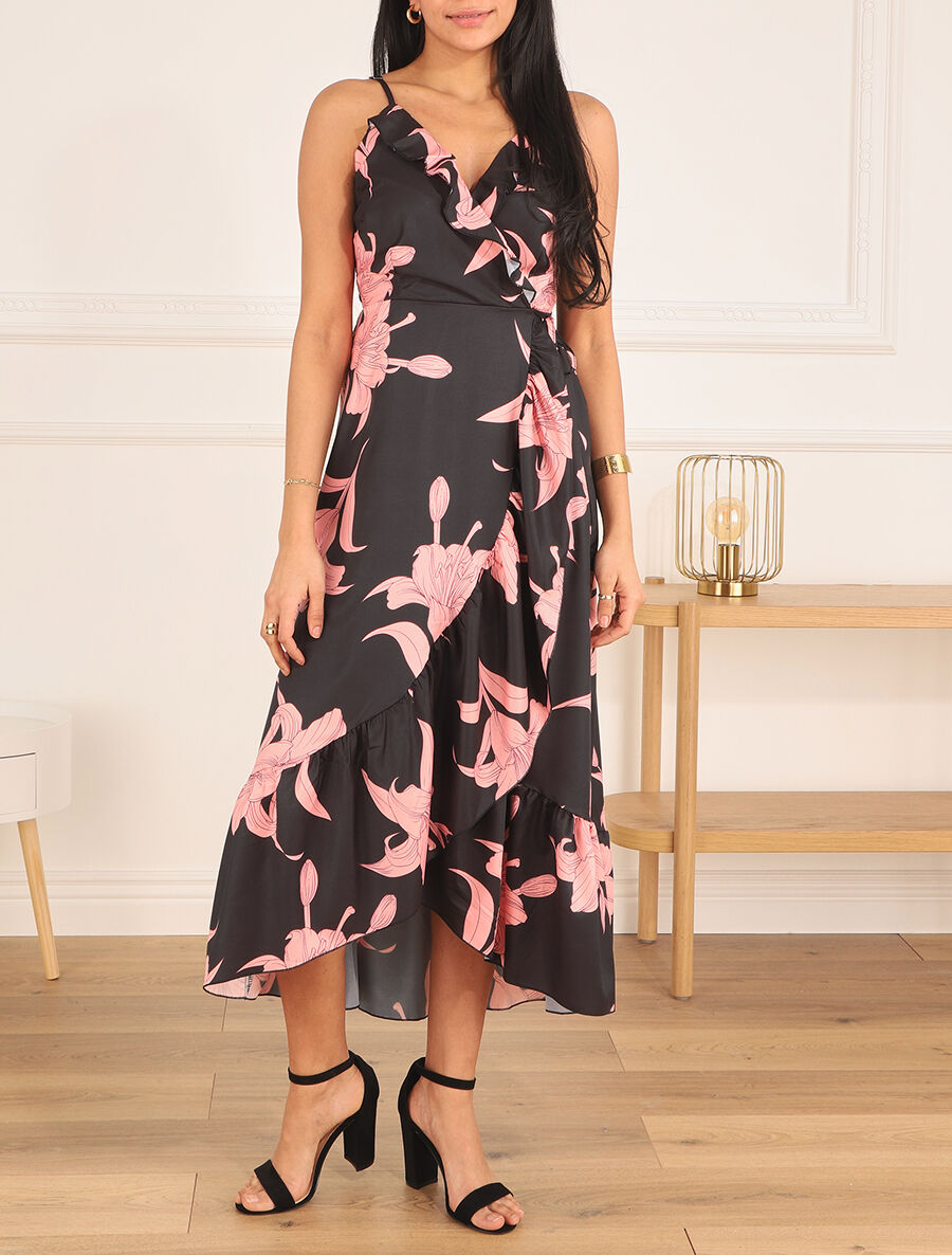 Robe longue asymétrique à imprimé grandes fleurs - Noir - 4