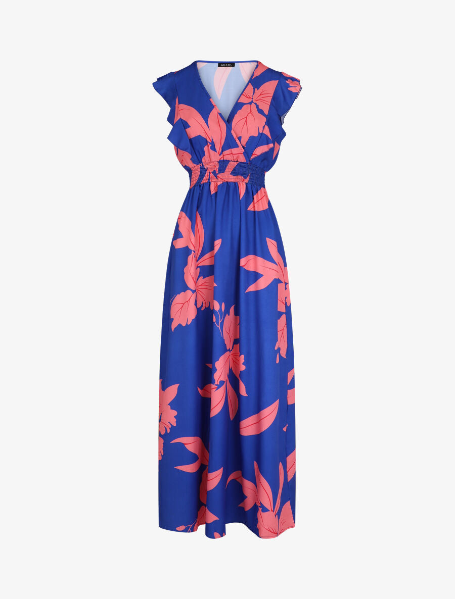 Robe longue motif végétal sans manches à volants - Bleu - 5