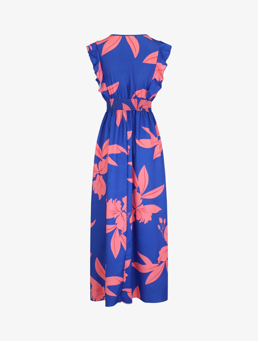 Robe longue motif végétal sans manches à volants - Bleu - 2