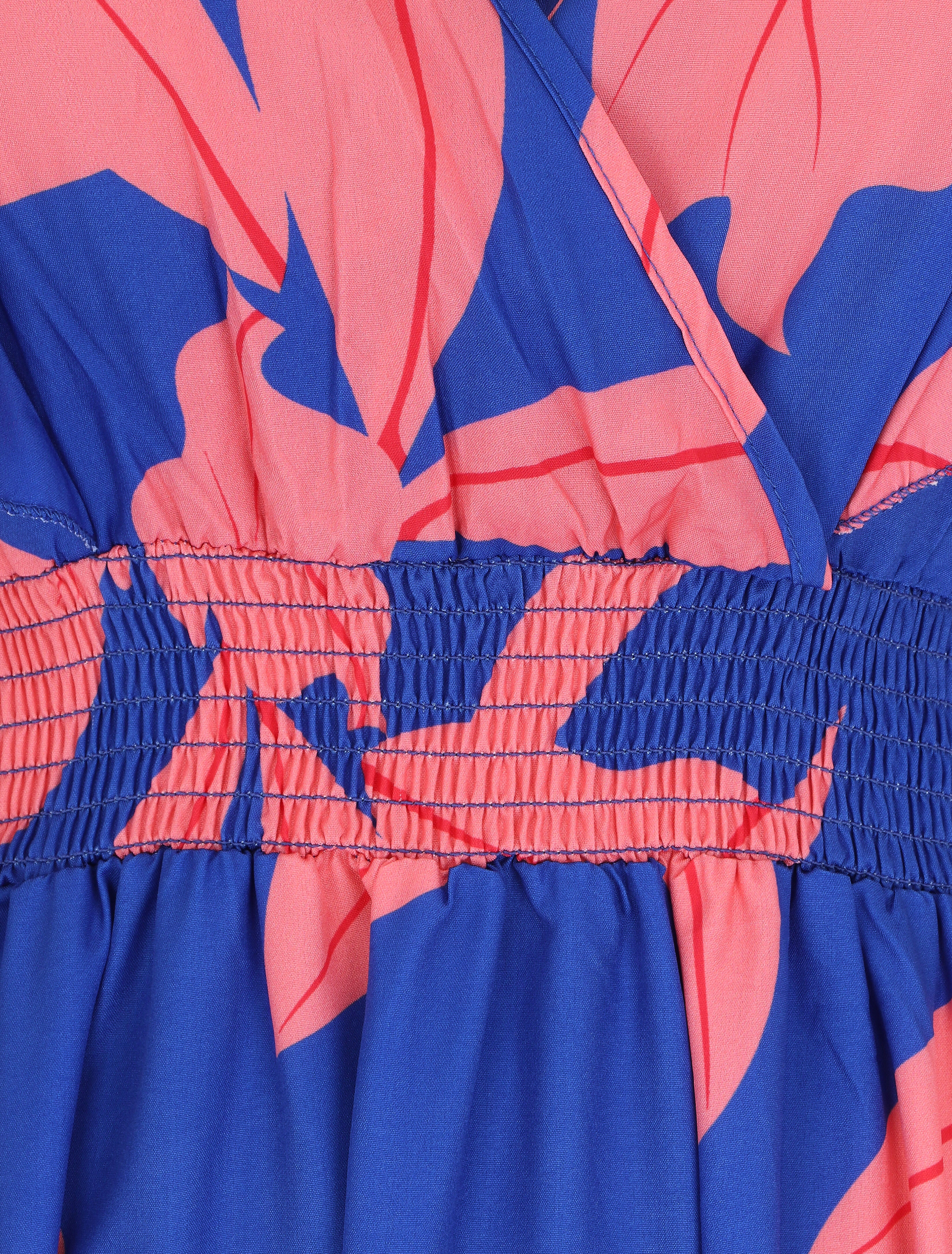 Robe longue motif végétal sans manches à volants - Bleu - 3