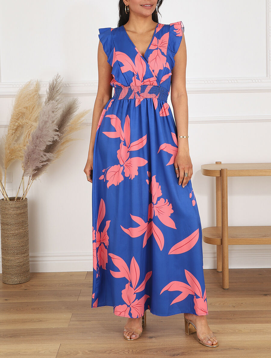 Robe longue motif végétal sans manches à volants - Bleu - 4
