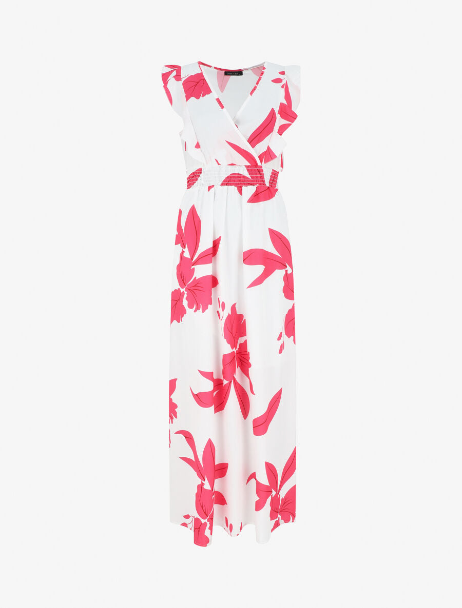 Robe longue motif végétal sans manches à volants - Blanc - 5