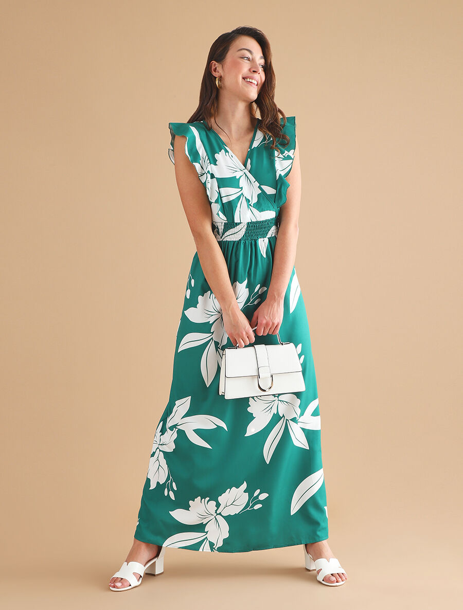 Robe longue motif végétal sans manches à volants - Vert - 4