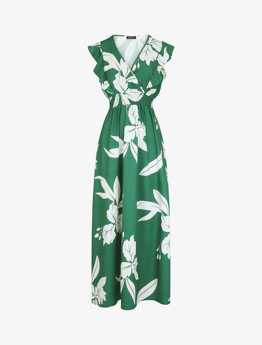 Robe longue motif végétal sans manches à volants - Vert - 5