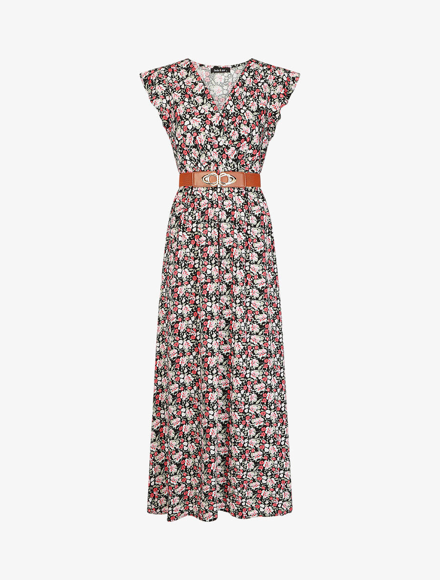 Robe longue imprimé petites fleurs à manches volantées - Noir - 1