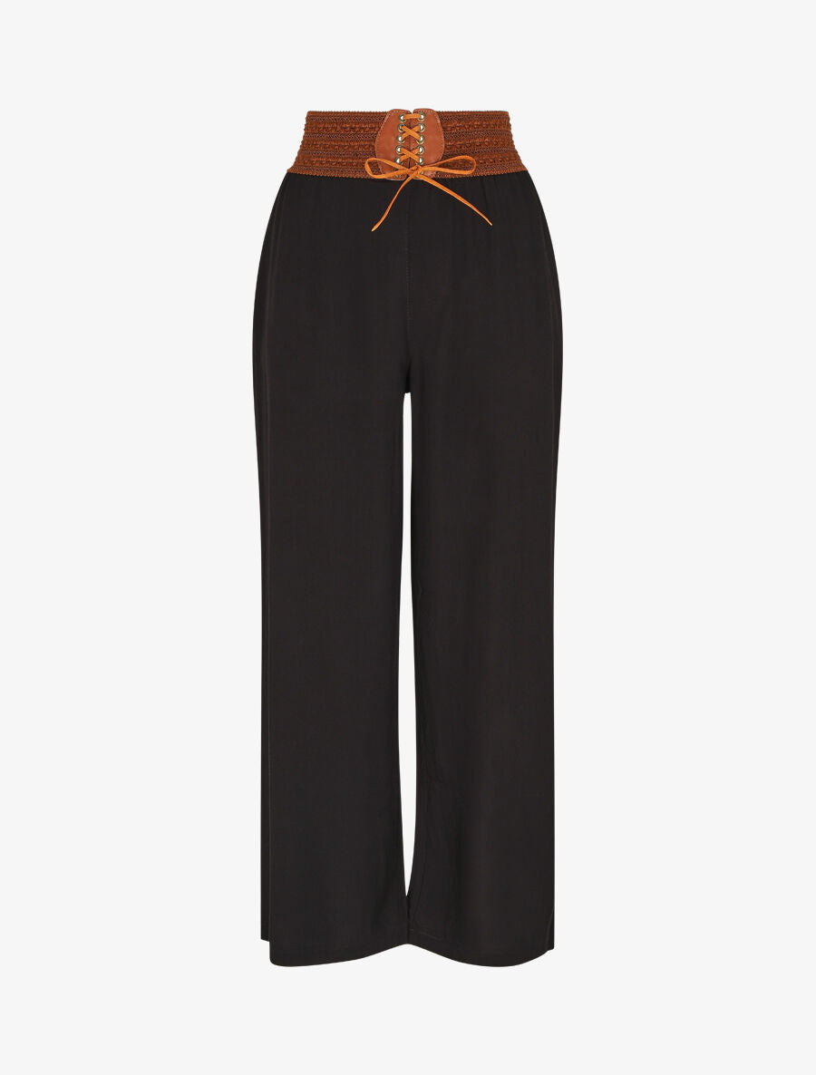 Pantalon uni taille haute style corset - Noir - 1