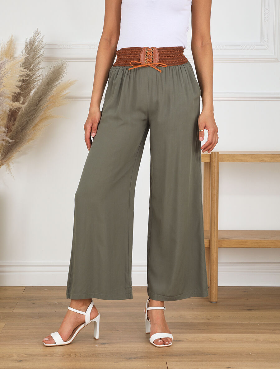 Pantalon uni taille haute style corset - Kaki - 4
