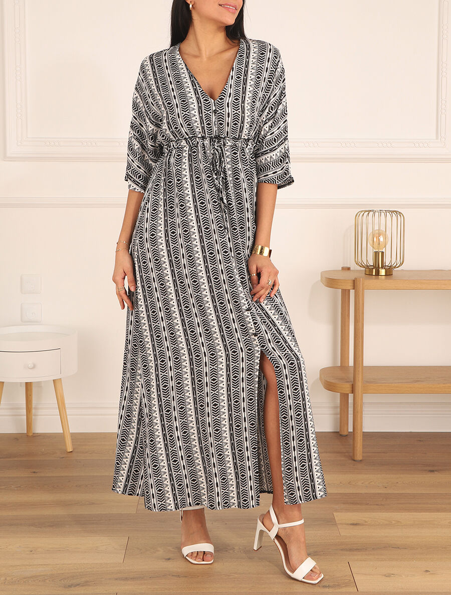 Robe longue imprimé graphique à manches 3/4 - Noir - 4
