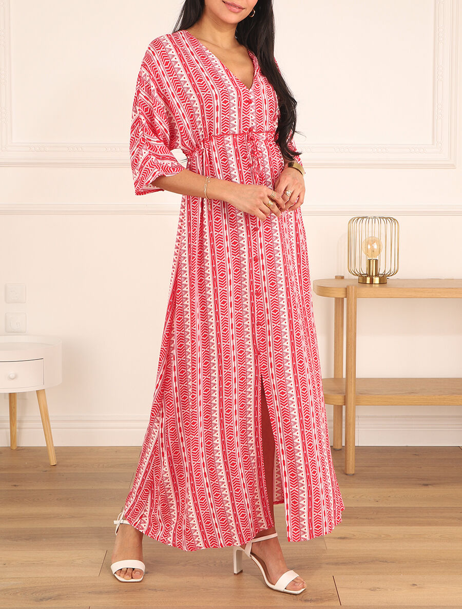 Robe longue imprimé graphique à manches 3/4 - Rouge - 4