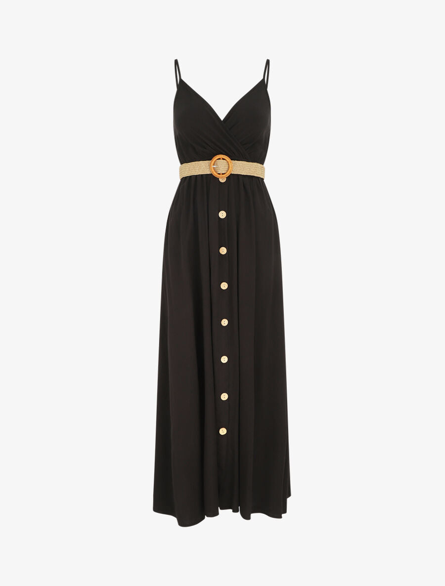 Robe longue unie à bretelles et boutons - Noir - 1