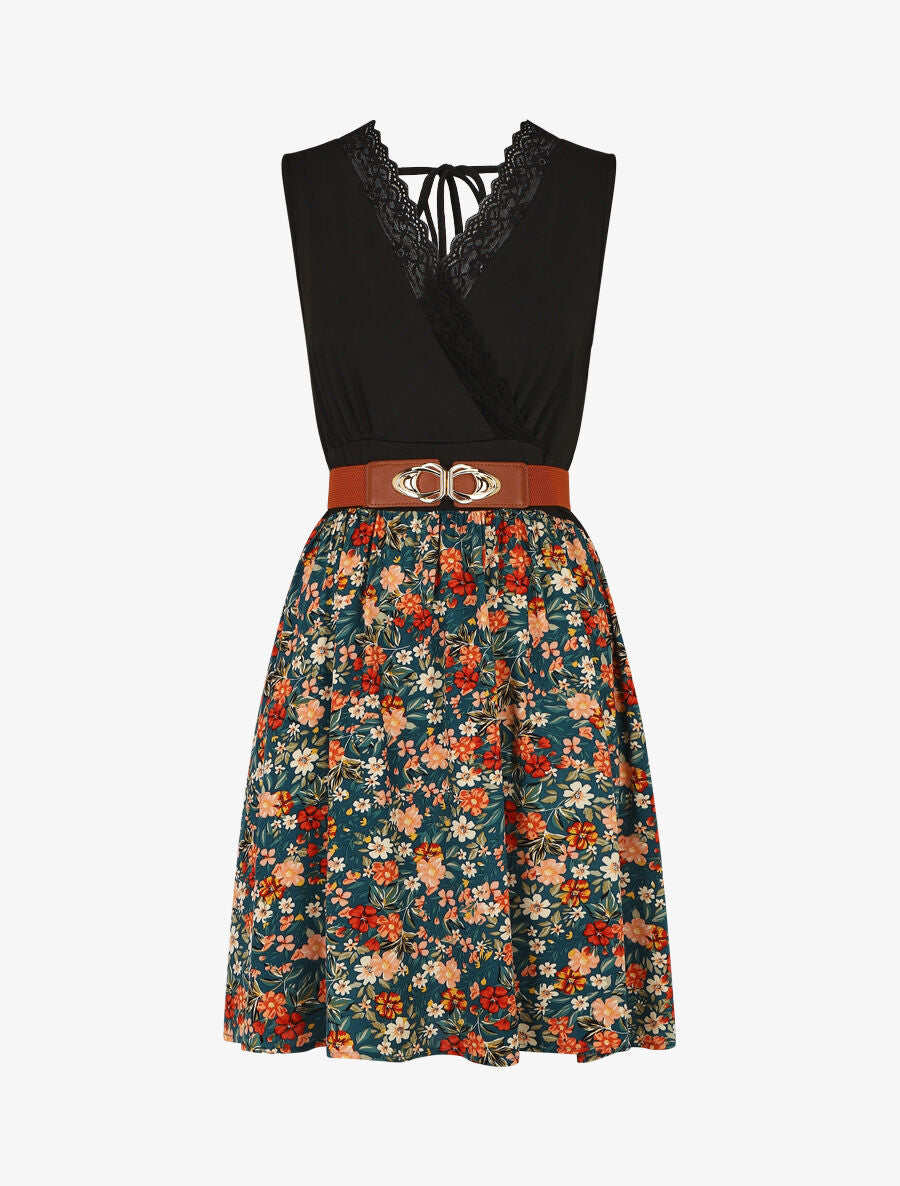 Robe mi-longue fleurie sans manches col dentelle - Bleu canard - 5