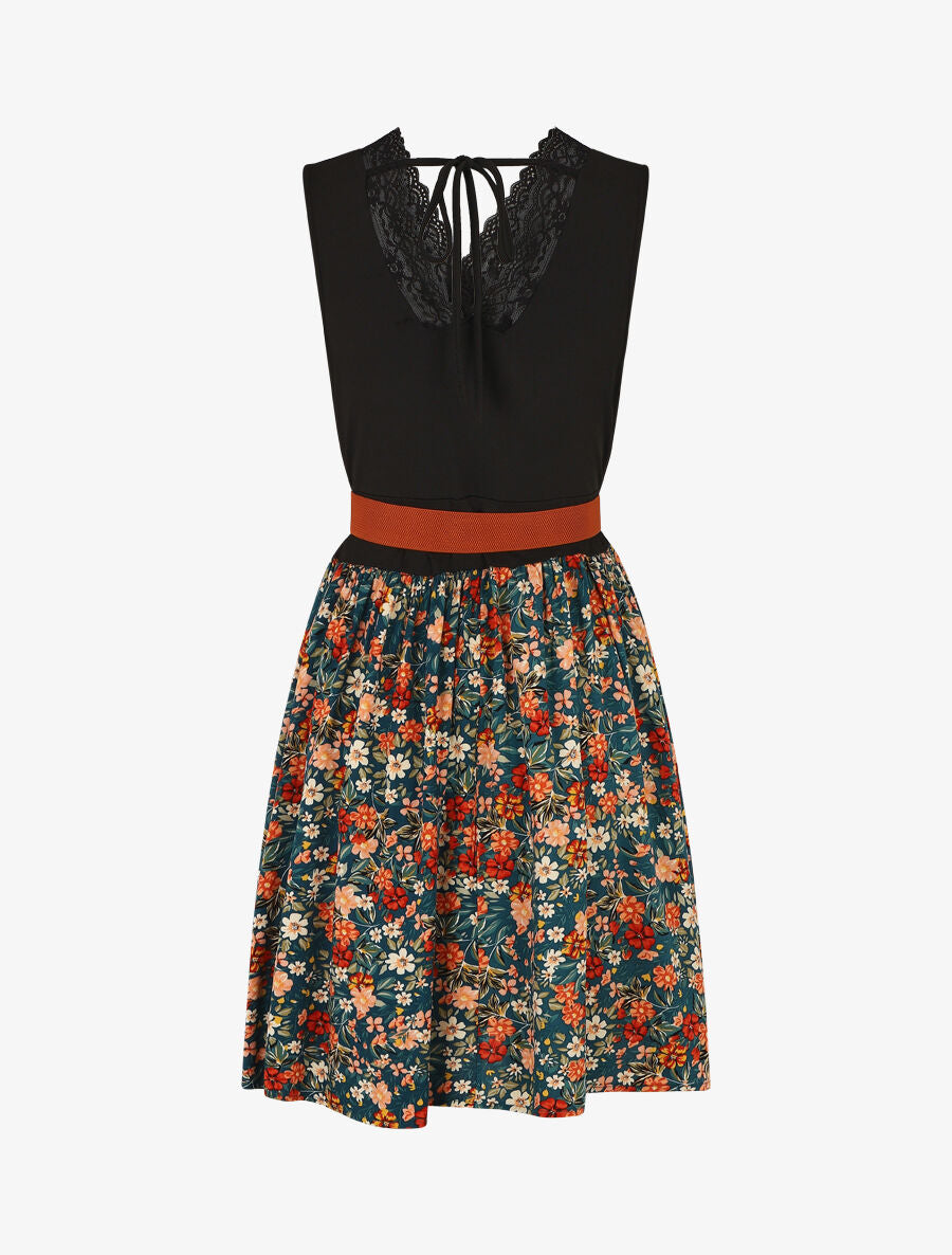 Robe mi-longue fleurie sans manches col dentelle - Bleu canard - 2