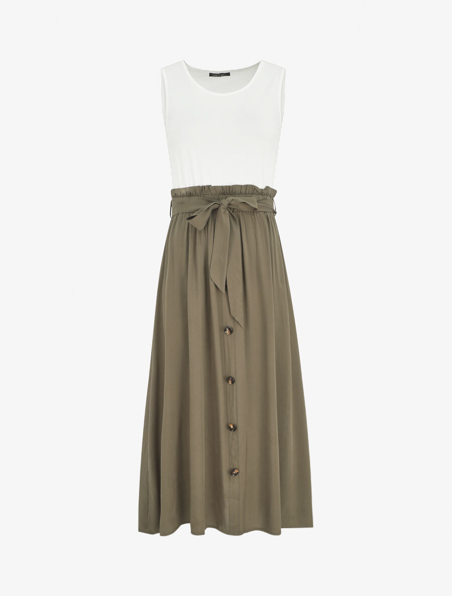 Robe longue évasée sans manches bicolore - Kaki - 1