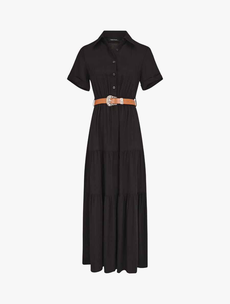 Robe longue unie à taille élastiquée - Noir - 1
