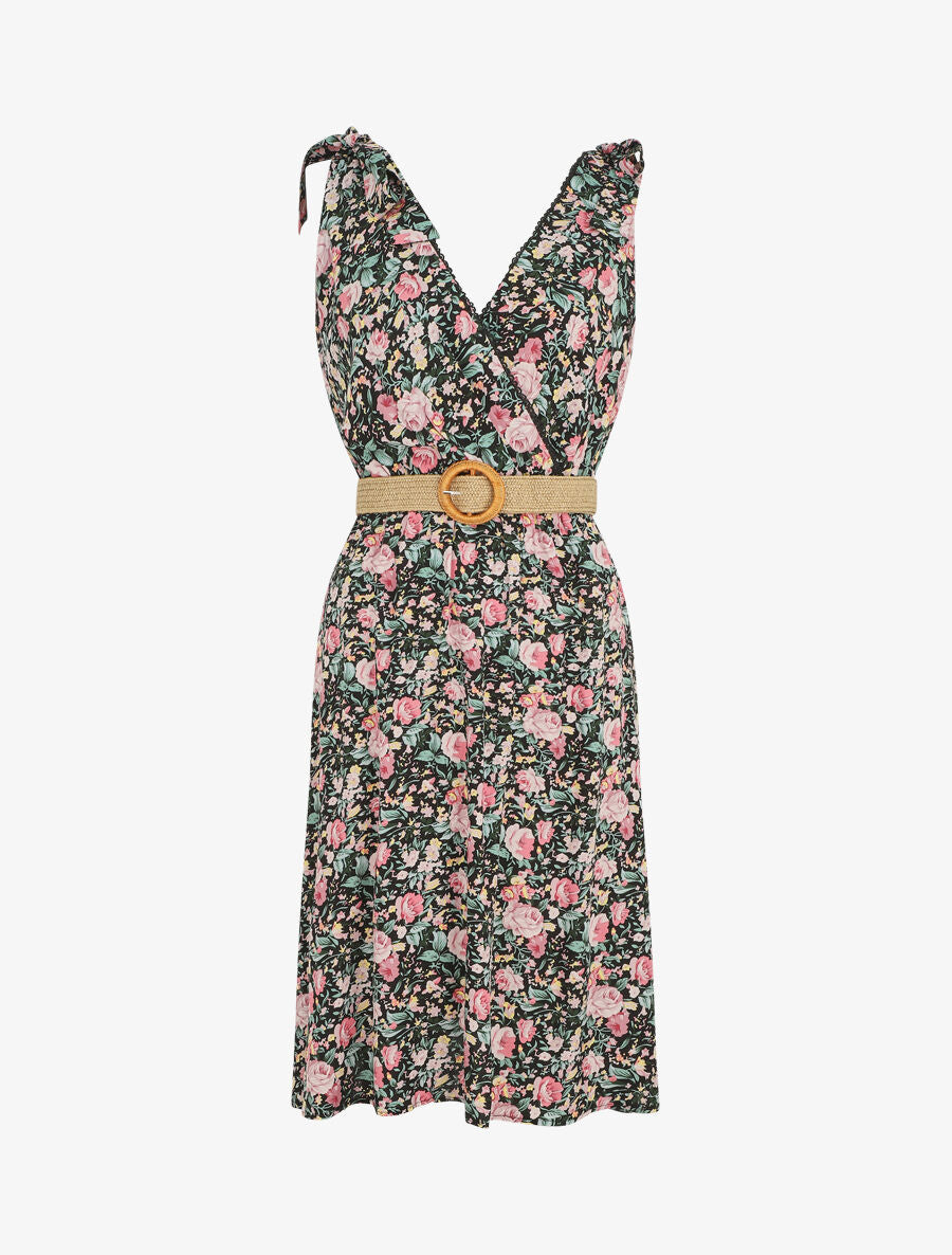 Robe mi-longue sans manches imprimé fleurs sauvages - Noir - 5