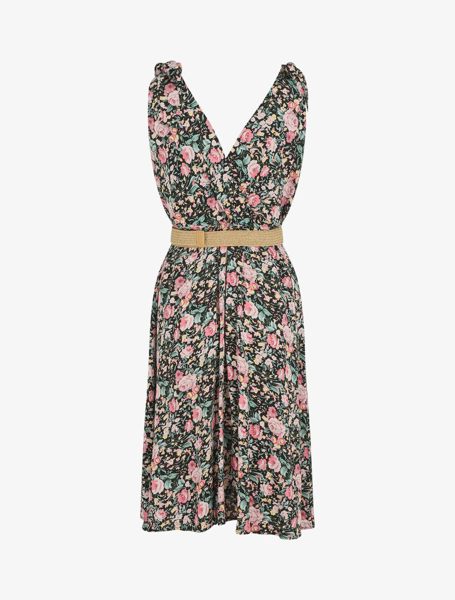 Robe mi-longue sans manches imprimé fleurs sauvages - Noir - 2