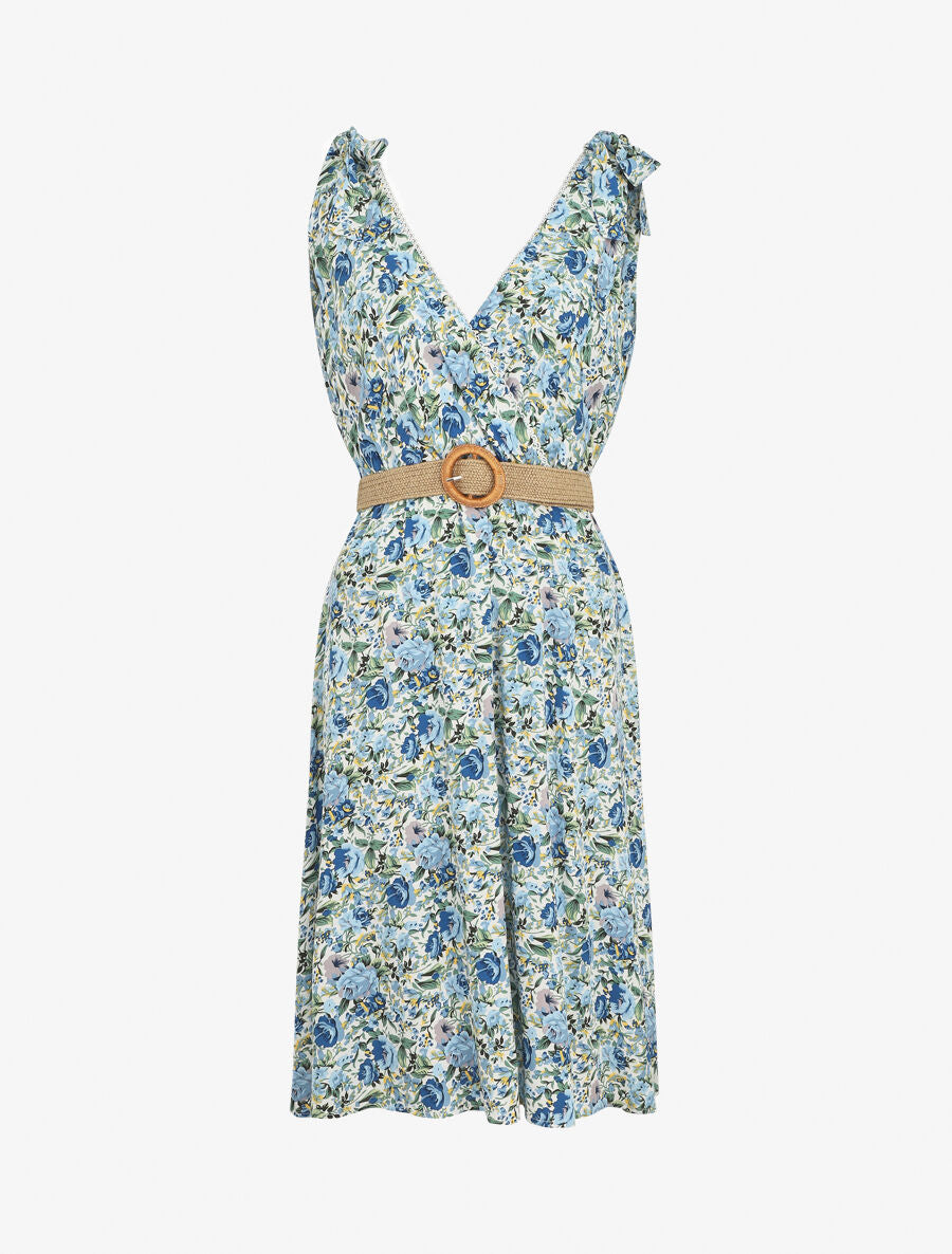 Robe mi-longue sans manches imprimé fleurs sauvages - Bleu - 1