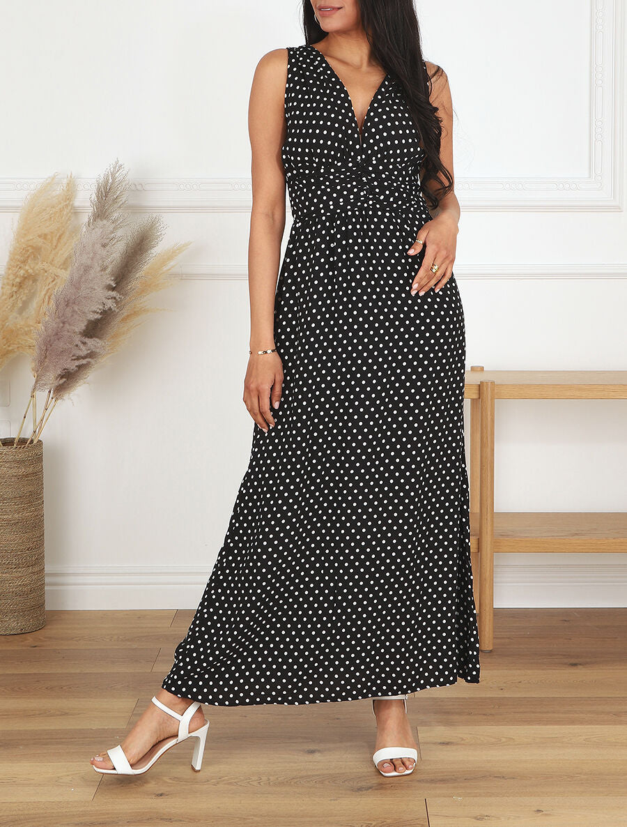 Robe longue à pois sans manches - Noir - 4