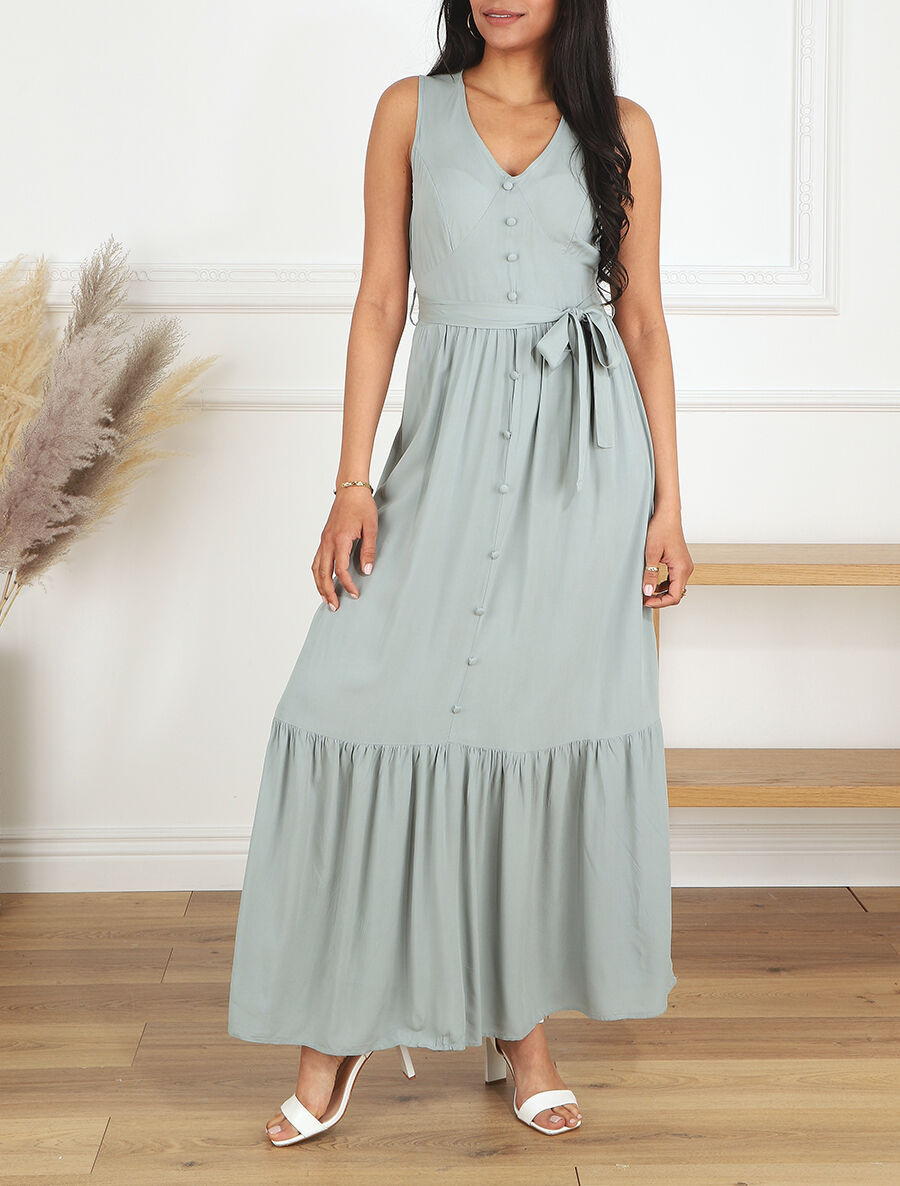 Robe longue unie sans manches - Vert gris - 4