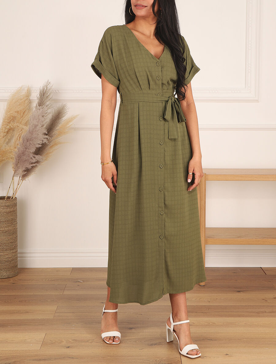 Robe longue unie ceinturée - Kaki - 4